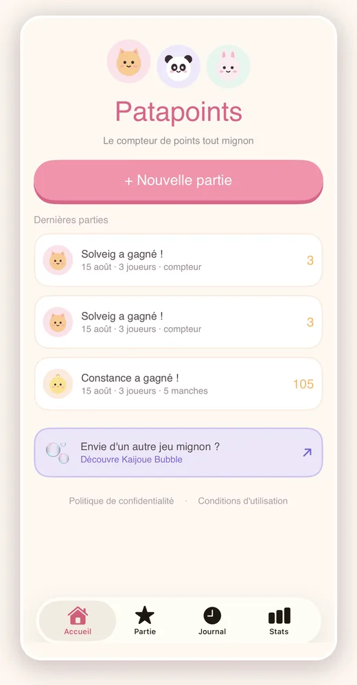 Écran Patapoints : ta partie en cours et tes dernières parties