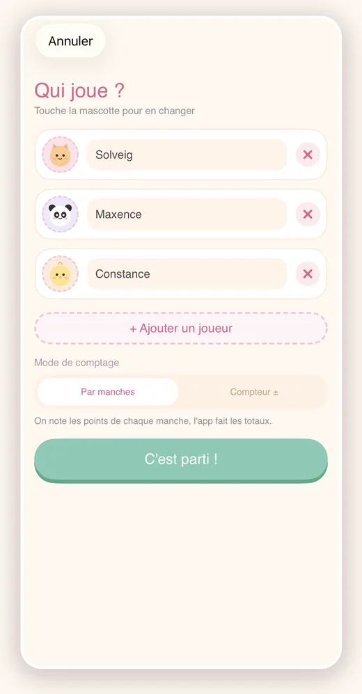 Écran Patapoints : ajoute tes joueurs et choisis leur mascotte